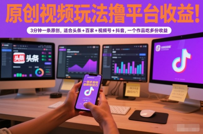 原创视频玩法撸平台收益，3分钟一条原创，适合头条+百家+视频号+抖音，一个作品吃多份收益-kaixinyz