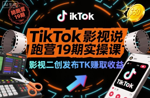 TikTok影视解说陪跑营19期实操课，影视二创发布TK賺取收益，万播收益50美金(更新)-kaixinyz