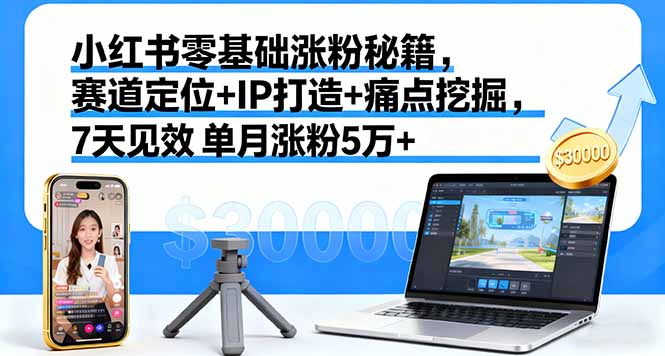 小红书零基础涨粉秘籍，赛道定位+IP打造+痛点挖掘，7天见效 单月涨粉5万+-kaixinyz