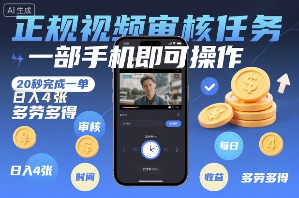 正规视频审核任务，一部手机即可操作，20秒完成一单，日入4张，多劳多得【揭秘】-kaixinyz