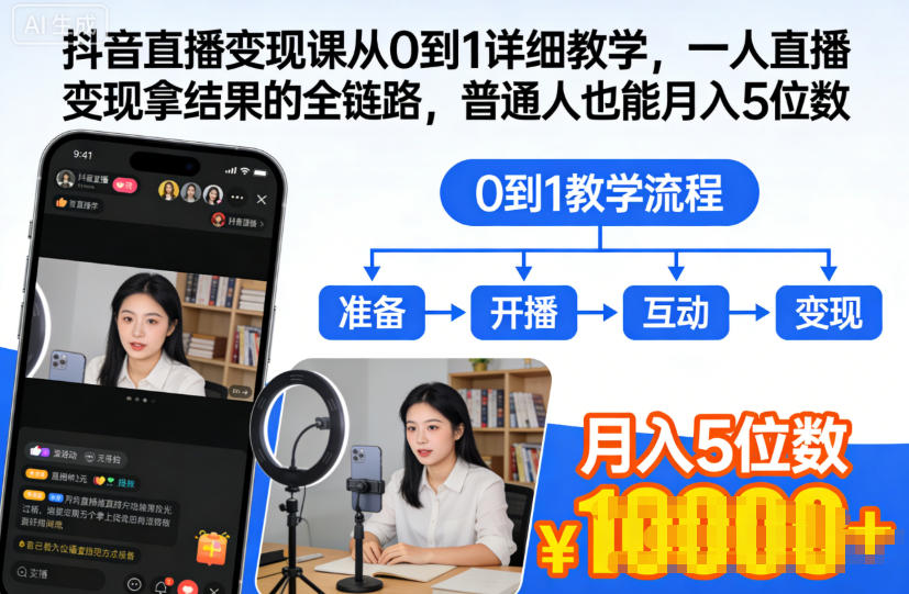 抖音直播变现课从0到1详细教学，一人直播变现拿结果的全链路，普通人也能月入5位数-kaixinyz
