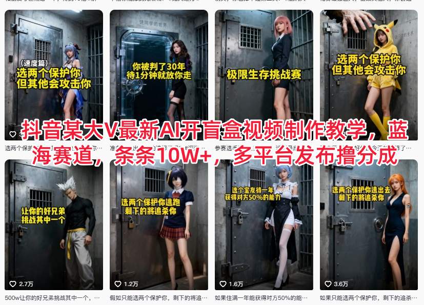 抖音某大V最新AI开盲盒视频制作教学，蓝海赛道，条条10W+，多平台发布撸分成-kaixinyz