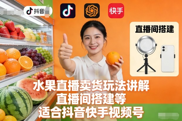 水果直播卖货玩法讲解、直播间搭建等，适合抖音快手视频号-kaixinyz