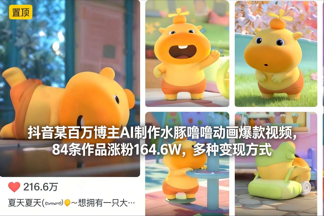 抖音某百万博主AI制作水豚噜噜动画爆款视频，84条作品涨粉164.6W，多种变现方式-kaixinyz