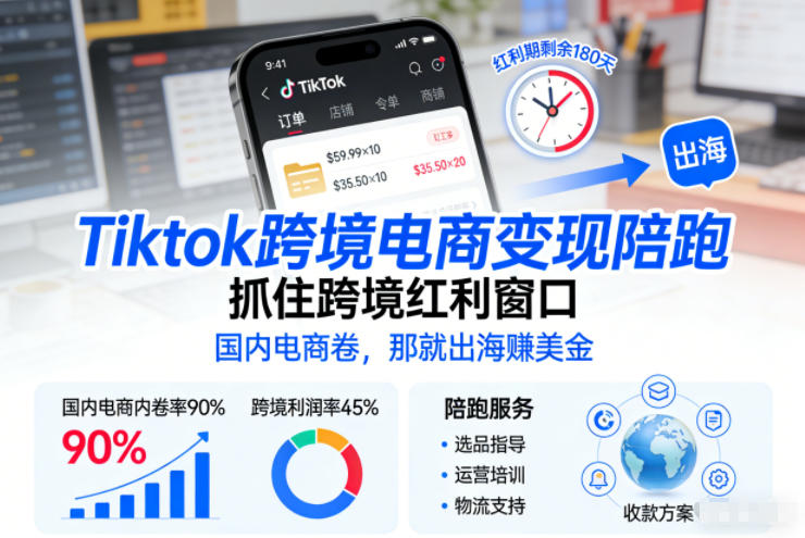 Tiktok跨境电商变现陪跑，抓住跨境红利窗口，国内电商卷，那就出海賺美金-kaixinyz