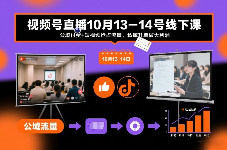 视频号直播10月13-14号线下课，公域付费+短视频抢占流量，私域升单做大利消-kaixinyz