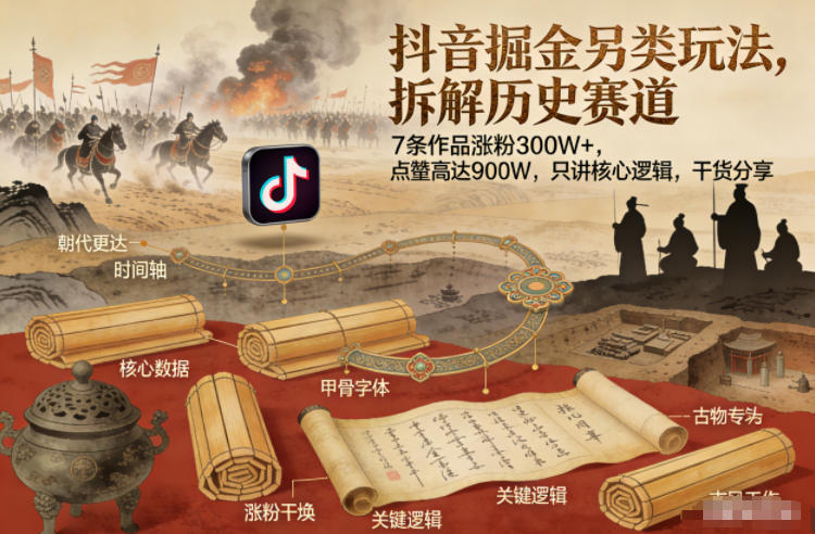 抖音掘金另类玩法，拆解历史赛道，7条作品涨粉300W+，点赞量高达900W，只讲核心逻辑，干货分享-kaixinyz